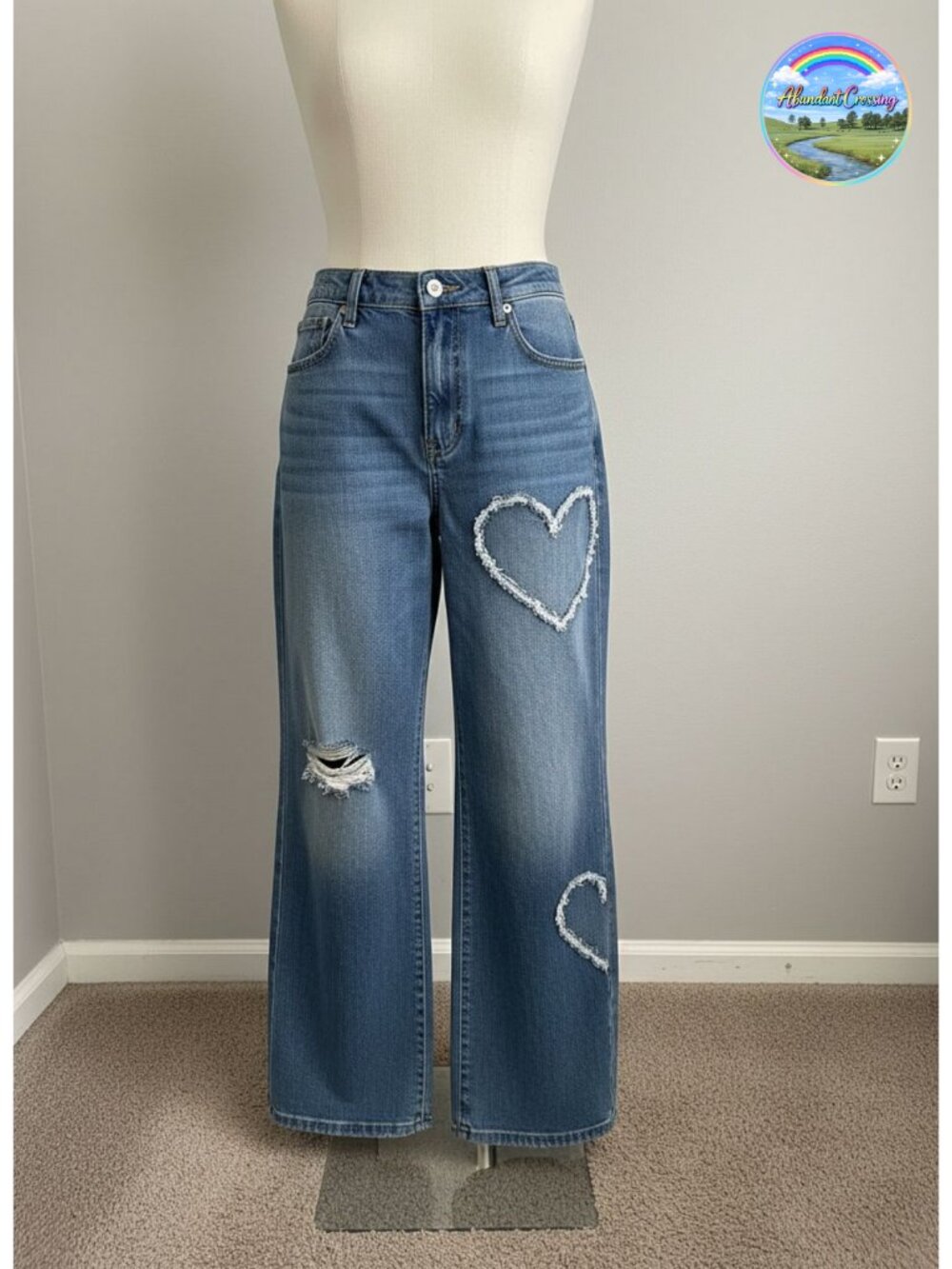 High Waisted Wide Leg Jeans Distressed Heart Denim